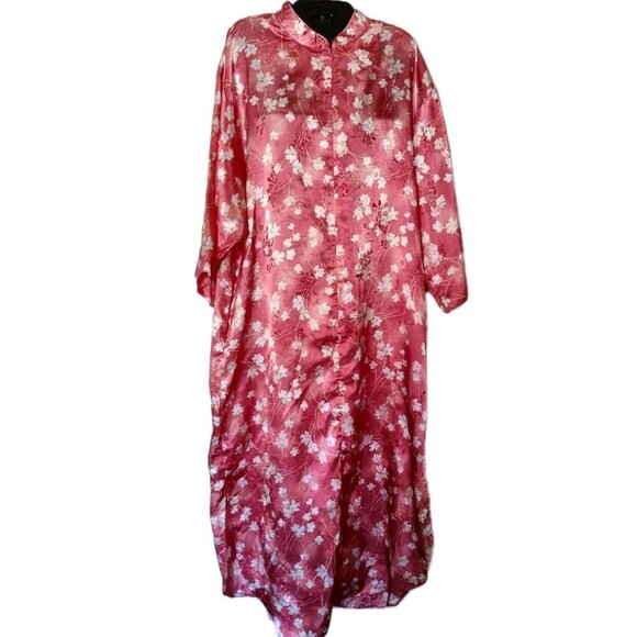 Valerie Stevens Robe Kaftan Size Medium Long Pink Floral Front Zipper Kimono - Picture 1 of 8